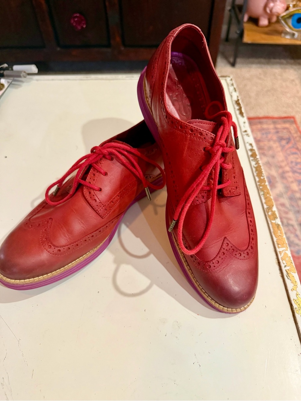 Cole Haan LunarGrand Red Leather Wingtip Oxford Purple Sole Shoes 9.5